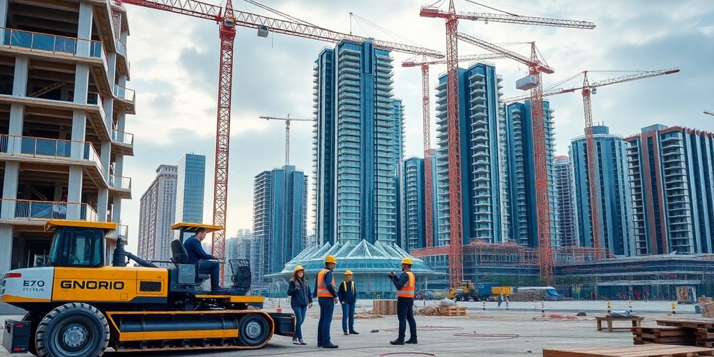 Innovative construction site with modern machinery and diverse workers.