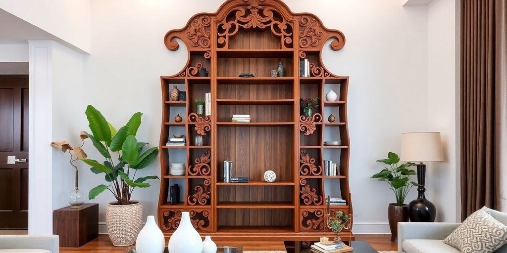 Elegant wooden bookshelf in a stylish home interior.