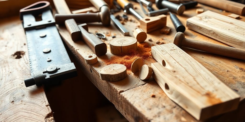 Woodworking tools and wooden pieces on a workbench.