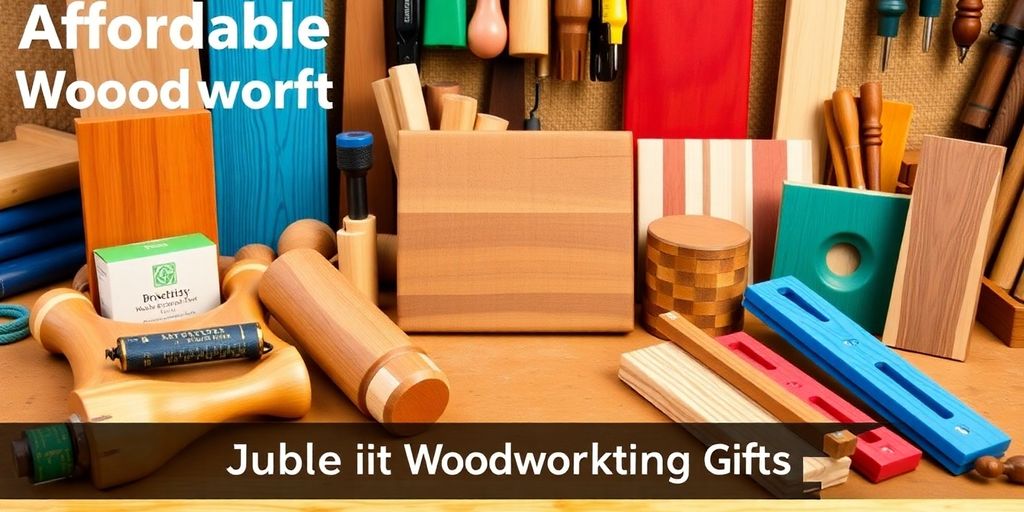 Colorful woodworking tools and gifts on a workbench.