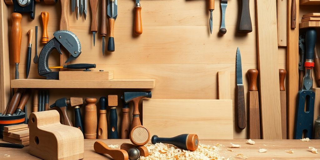 Woodworking tools arranged in a workshop setting.