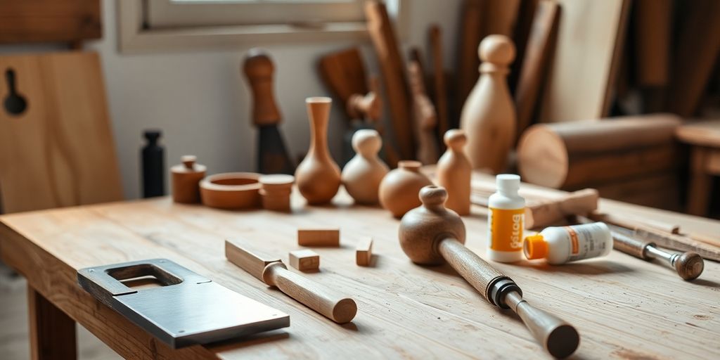 Woodworking tools and handmade items on a table.