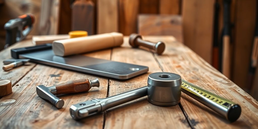 Close-up of carpentry tools on a wooden workbench.