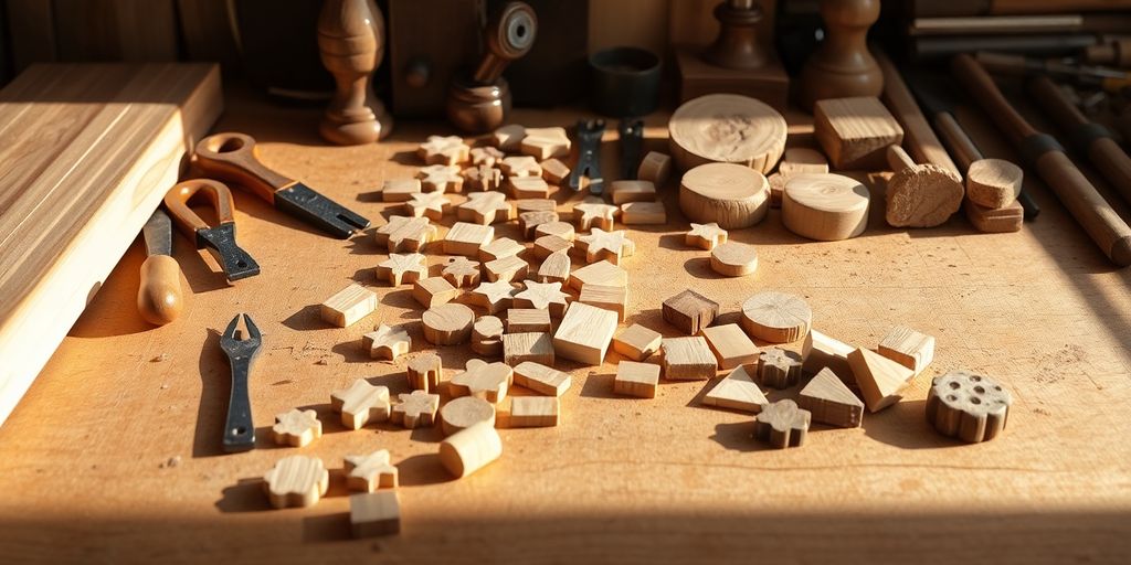 Woodworking tools and wood pieces on a workbench.