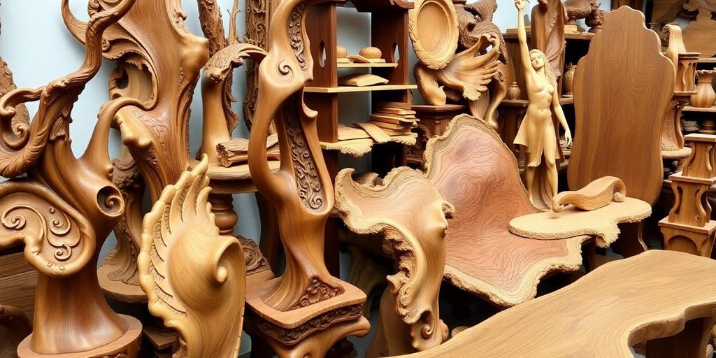 Intricate wooden sculptures and furniture pieces in warm tones.