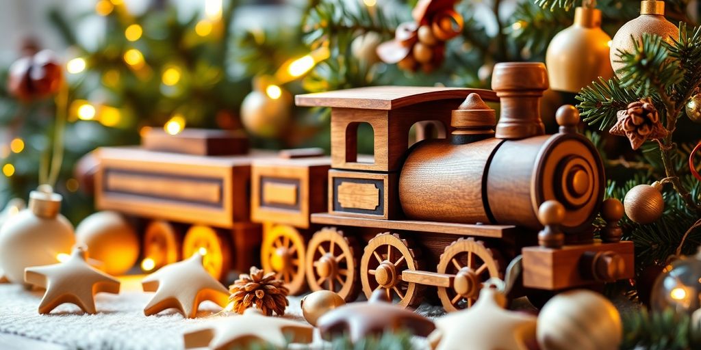 Wooden toy train surrounded by festive decorations and lights.