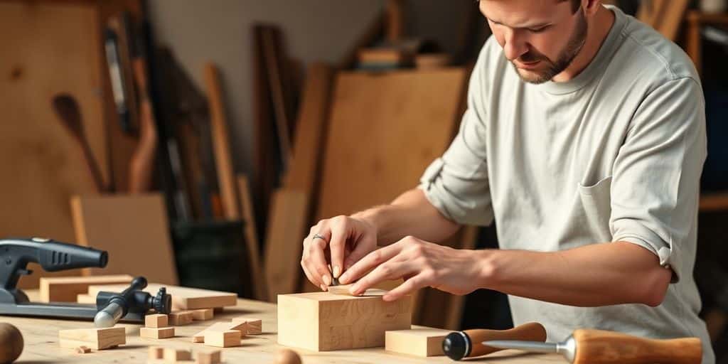 Beginner woodworker at a workbench with tools.