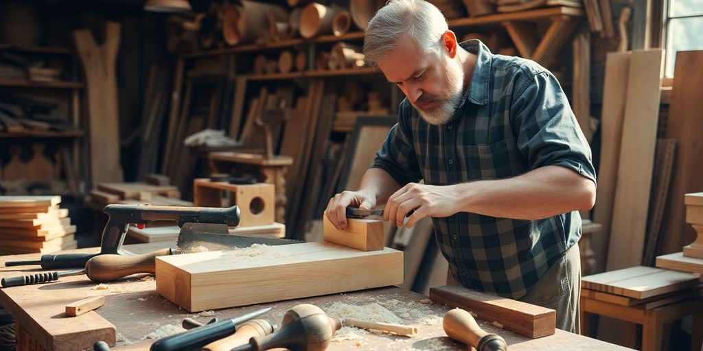 Woodworker crafting a wooden piece in a workshop.