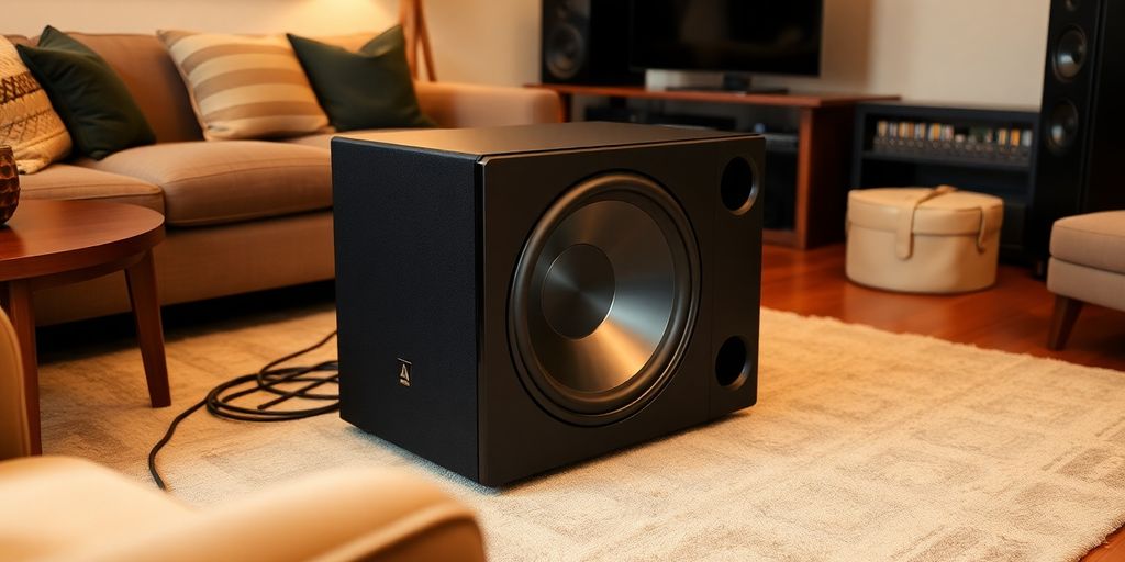 A room with furniture arranged around a subwoofer.