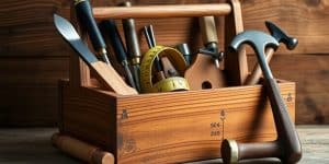 Craft toolbox with carpentry tools on wooden background.