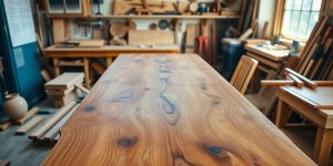 Woodworking tools and a wooden table in a workshop.